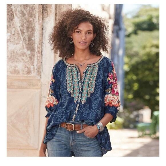 Sundance Ballets Melody Embroidered Boho Peasant Top Blue Floral Blouse M Medium - Picture 1 of 6